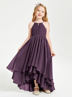 Chiffon Junior Bridesmaid Dresses Asymmetrical Cascading Skirt Plum