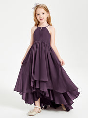 Chiffon Junior Bridesmaid Dresses Asymmetrical Cascading Skirt Plum