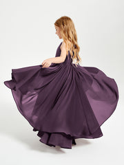 Chiffon Junior Bridesmaid Dresses Asymmetrical Cascading Skirt Plum