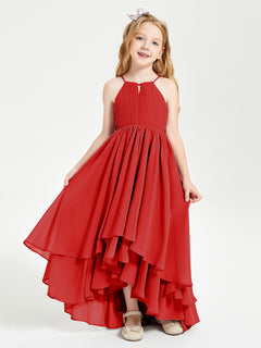 Chiffon Junior Bridesmaid Dresses Asymmetrical Cascading Skirt Red