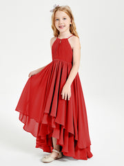 Chiffon Junior Bridesmaid Dresses Asymmetrical Cascading Skirt Red