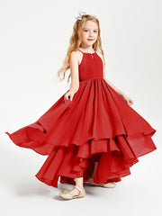 Chiffon Junior Bridesmaid Dresses Asymmetrical Cascading Skirt Red