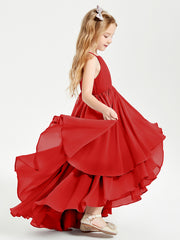 Chiffon Junior Bridesmaid Dresses Asymmetrical Cascading Skirt Red