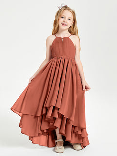 Chiffon Junior Bridesmaid Dresses Asymmetrical Cascading Skirt Rust