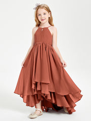 Chiffon Junior Bridesmaid Dresses Asymmetrical Cascading Skirt Rust