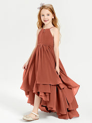 Chiffon Junior Bridesmaid Dresses Asymmetrical Cascading Skirt Rust