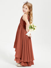 Chiffon Junior Bridesmaid Dresses Asymmetrical Cascading Skirt Rust