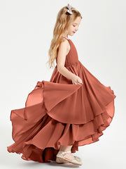 Chiffon Junior Bridesmaid Dresses Asymmetrical Cascading Skirt Rust