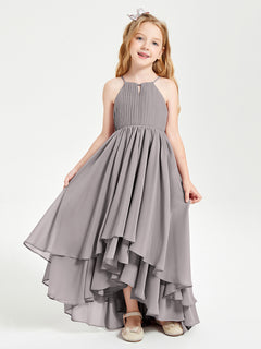 Chiffon Junior Bridesmaid Dresses Asymmetrical Cascading Skirt Silver