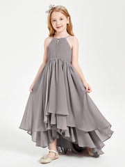 Chiffon Junior Bridesmaid Dresses Asymmetrical Cascading Skirt Silver