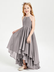 Chiffon Junior Bridesmaid Dresses Asymmetrical Cascading Skirt Silver