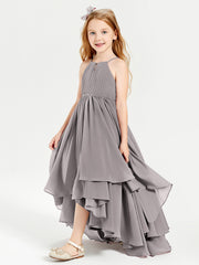 Chiffon Junior Bridesmaid Dresses Asymmetrical Cascading Skirt Silver