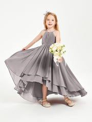 Chiffon Junior Bridesmaid Dresses Asymmetrical Cascading Skirt Silver