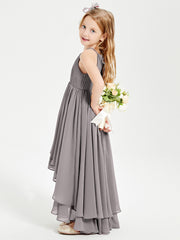 Chiffon Junior Bridesmaid Dresses Asymmetrical Cascading Skirt Silver