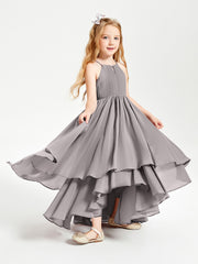 Chiffon Junior Bridesmaid Dresses Asymmetrical Cascading Skirt Silver