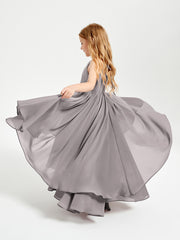 Chiffon Junior Bridesmaid Dresses Asymmetrical Cascading Skirt Silver