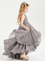 Chiffon Junior Bridesmaid Dresses Asymmetrical Cascading Skirt Silver