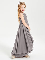 Chiffon Junior Bridesmaid Dresses Asymmetrical Cascading Skirt Silver