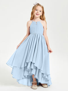 Chiffon Junior Bridesmaid Dresses Asymmetrical Cascading Skirt Sky Blue