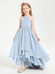 Chiffon Junior Bridesmaid Dresses Asymmetrical Cascading Skirt Sky Blue