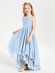 Chiffon Junior Bridesmaid Dresses Asymmetrical Cascading Skirt Sky Blue