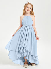 Chiffon Junior Bridesmaid Dresses Asymmetrical Cascading Skirt Sky Blue