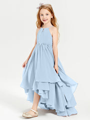 Chiffon Junior Bridesmaid Dresses Asymmetrical Cascading Skirt Sky Blue