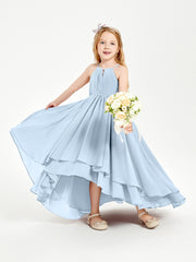 Chiffon Junior Bridesmaid Dresses Asymmetrical Cascading Skirt Sky Blue