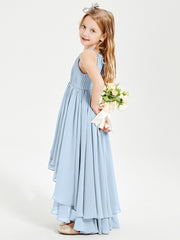 Chiffon Junior Bridesmaid Dresses Asymmetrical Cascading Skirt Sky Blue