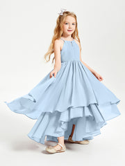 Chiffon Junior Bridesmaid Dresses Asymmetrical Cascading Skirt Sky Blue