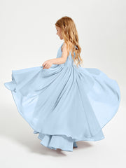 Chiffon Junior Bridesmaid Dresses Asymmetrical Cascading Skirt Sky Blue