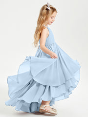 Chiffon Junior Bridesmaid Dresses Asymmetrical Cascading Skirt Sky Blue