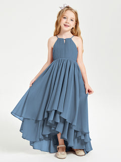 Chiffon Junior Bridesmaid Dresses Asymmetrical Cascading Skirt Slate Blue