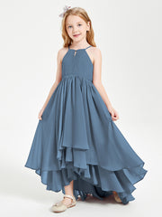 Chiffon Junior Bridesmaid Dresses Asymmetrical Cascading Skirt Slate Blue
