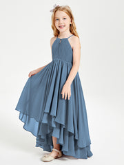 Chiffon Junior Bridesmaid Dresses Asymmetrical Cascading Skirt Slate Blue