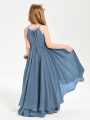 Chiffon Junior Bridesmaid Dresses Asymmetrical Cascading Skirt Slate Blue