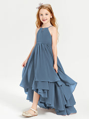 Chiffon Junior Bridesmaid Dresses Asymmetrical Cascading Skirt Slate Blue