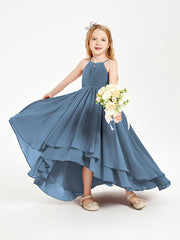 Chiffon Junior Bridesmaid Dresses Asymmetrical Cascading Skirt Slate Blue