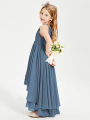 Chiffon Junior Bridesmaid Dresses Asymmetrical Cascading Skirt Slate Blue