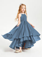 Chiffon Junior Bridesmaid Dresses Asymmetrical Cascading Skirt Slate Blue
