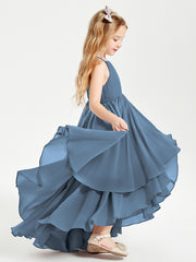 Chiffon Junior Bridesmaid Dresses Asymmetrical Cascading Skirt Slate Blue