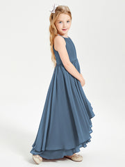 Chiffon Junior Bridesmaid Dresses Asymmetrical Cascading Skirt Slate Blue