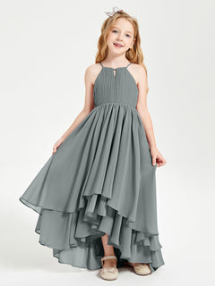 Chiffon Junior Bridesmaid Dresses Asymmetrical Cascading Skirt Steel Grey