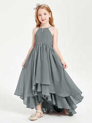 Chiffon Junior Bridesmaid Dresses Asymmetrical Cascading Skirt Steel Grey