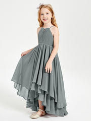 Chiffon Junior Bridesmaid Dresses Asymmetrical Cascading Skirt Steel Grey