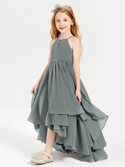 Chiffon Junior Bridesmaid Dresses Asymmetrical Cascading Skirt Steel Grey
