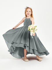 Chiffon Junior Bridesmaid Dresses Asymmetrical Cascading Skirt Steel Grey