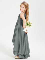Chiffon Junior Bridesmaid Dresses Asymmetrical Cascading Skirt Steel Grey