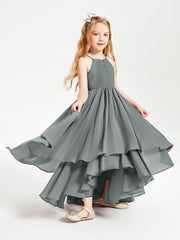 Chiffon Junior Bridesmaid Dresses Asymmetrical Cascading Skirt Steel Grey