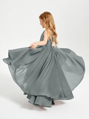 Chiffon Junior Bridesmaid Dresses Asymmetrical Cascading Skirt Steel Grey
